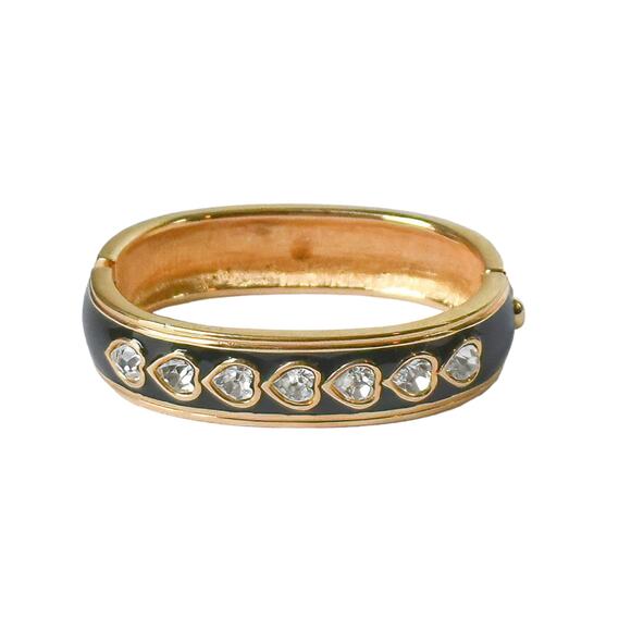 1990s Swarovski Swan Gold Enamel Heart Crystals Statement Hinged Bangle Bracelet - Picture 1 of 8